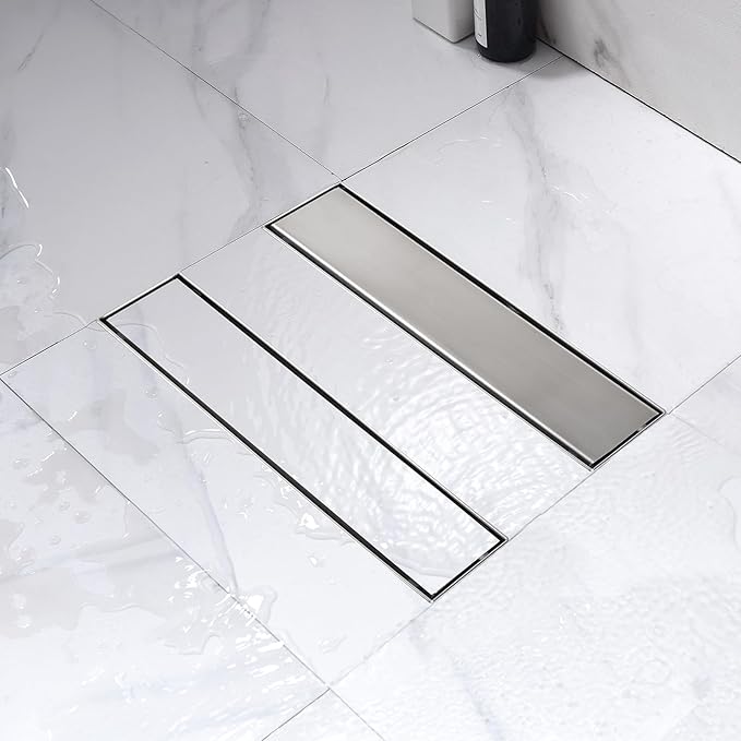 12 Inch Linear Shower Drain Brushed Nickel, Rectangular Reversible 2 in 1 Tile Insert Grate, 304 Stainless Steel Shower Floor Drain Kit, Hair Catcher, Leveling Feet