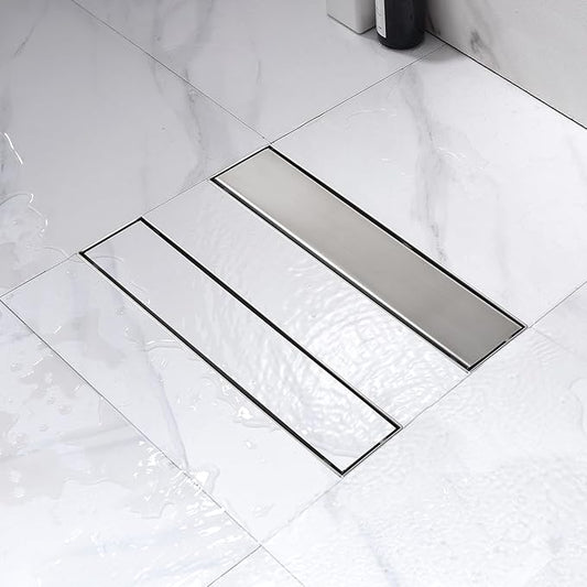 12 Inch Linear Shower Drain Brushed Nickel, Rectangular Reversible 2 in 1 Tile Insert Grate, 304 Stainless Steel Shower Floor Drain Kit, Hair Catcher, Leveling Feet