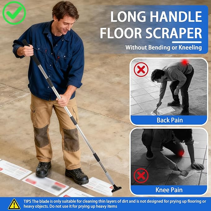 4"Razor Blade Floor Scraper with Long Handle,61in Adjustable Floor Scraper Heavy Duty with 10PCS Extra Metal Blades Paint Scraper for Cleaning Stickers Gum Glass Wall Tile Linoleum Stove Top