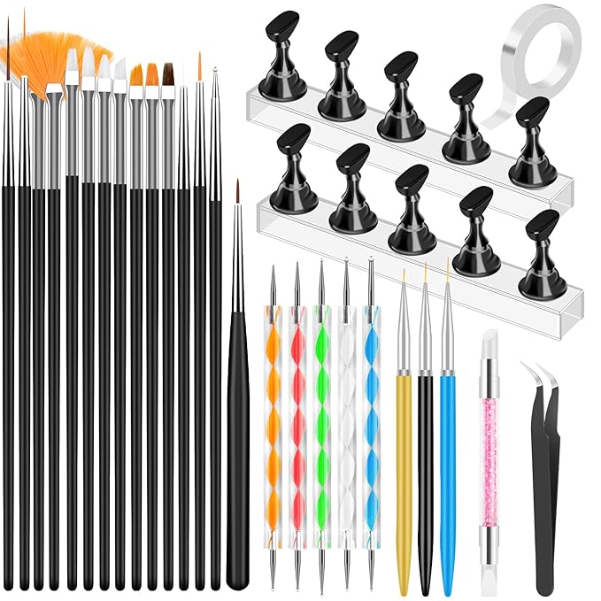 YOOVR Nail Art Tools Set, Nail Stand for Press on Holder for Painting Nails, Nail Art Brushes, Liner Brushes, Nail Dotting Tool, Must Haves Design Tools Supplies Kit for Nail Tech & Beginners (Black)