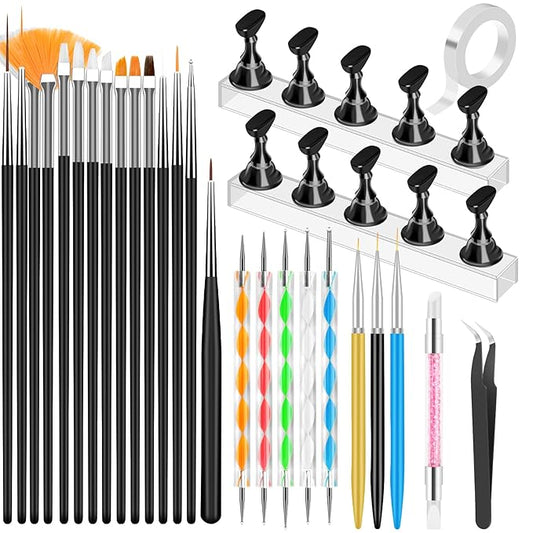 YOOVR Nail Art Tools Set, Nail Stand for Press on Holder for Painting Nails, Nail Art Brushes, Liner Brushes, Nail Dotting Tool, Must Haves Design Tools Supplies Kit for Nail Tech & Beginners (Black)