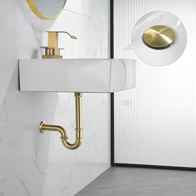 Thickened Brass P Trap Set: 1-1/4 P Trap with Bathroom Sink Stopper - Sink Drain Plumbing Kit for Pipe Replacement (Brushed Gold, No Overflow)
