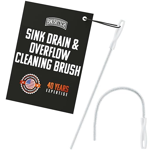 Brushtech Sink Drain & Overflow Cleaning Brush - Thin & Flexible Drain Cleaning Gadget for Clogs, Hair, & Debris - Long Pipe Cleaning Brush for Kitchen & Bathroom Sink Maintenance - Made in USA