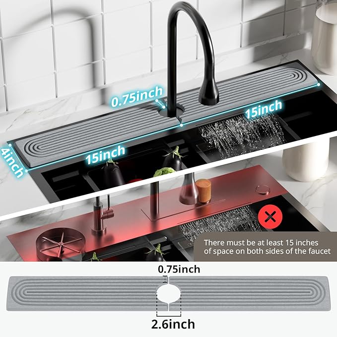 Quick Dry Sink Splash Guard - 30" Instant Dry Stone Sink Tray for Faucets - Absorbent Diatomaceous Earth Faucet Mat for Kitchen Countertop and Bathroom - Light Gray