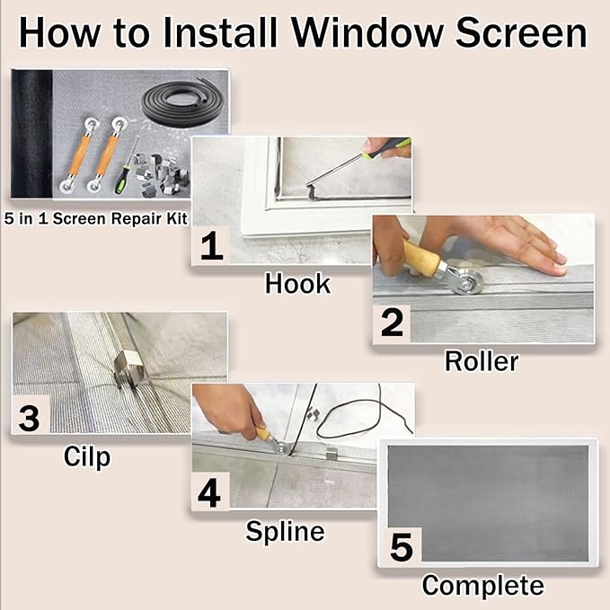 King&Charles Screen Repair Kit, Screen Roller Tool, Steel/Nylon Roller with Bear+8pcs Screen Clips+32ft Screen Spline+Removal Hook, 5 in 1 Window Screen Door Repair Kit,for Installing Door Window Mesh