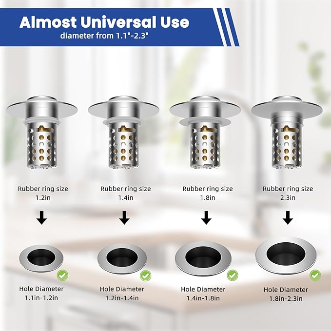 Universal Bathroom Sink Drain Strainer Hair Catcher 4PCS Upgraded with Removable Stainless Steel Filter Basket, 3 in 1 Pop Up Sink Stopper for 1.1''~2.36'' Sink Basin Hole, Chrome