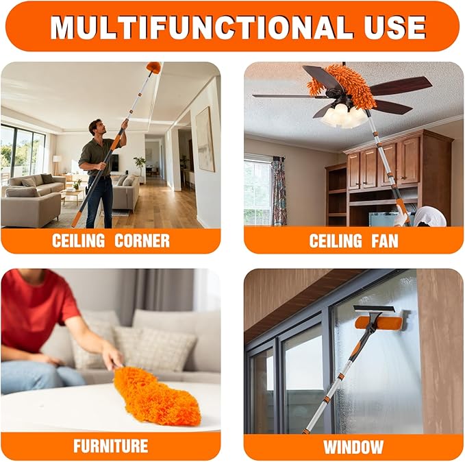 20FT Reach High Ceiling Duster Kit, Window Cleaning kit with 3-12FT Extension Pole, Fan Duster for Ceiling Fan Blades, Microfiber Feather Duster, Rotatable Window Squeegee and Cobweb Duster