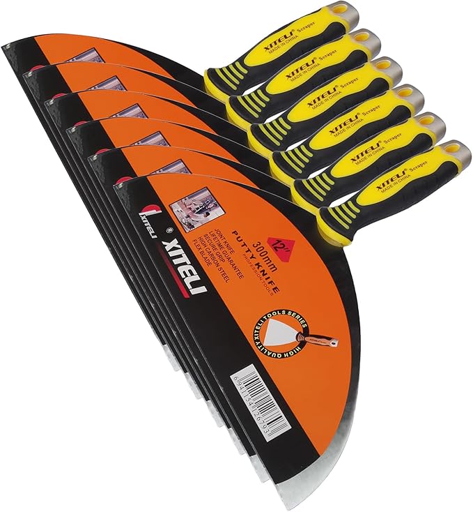 6-Pack Large Putty Scraper 12" Putty Knives with Plastic Ergonomic Handle for Taping Paint Wall Floor Tile, Metal Spackle Tools Knife,Remover for Wood, Wallpaper Scraper (12")