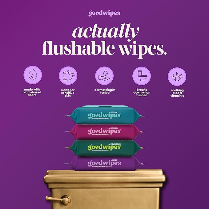 goodwipes Flushable Wipes Bulk Pack, Lavender Adult Wet Wipes for Women & Men, Sewer & Septic Safe, Toilet & Bathroom Essentials, Extra Large, 418 Count (8 Packs and 1 Travel Pack)