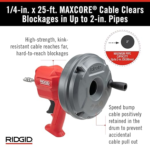 RIDGID 80168 EZ Spin™ Drain Snake for Tubs, Showers, and Sinks, Drain Cleaner with AUTOFEED, MAXCORE Cable