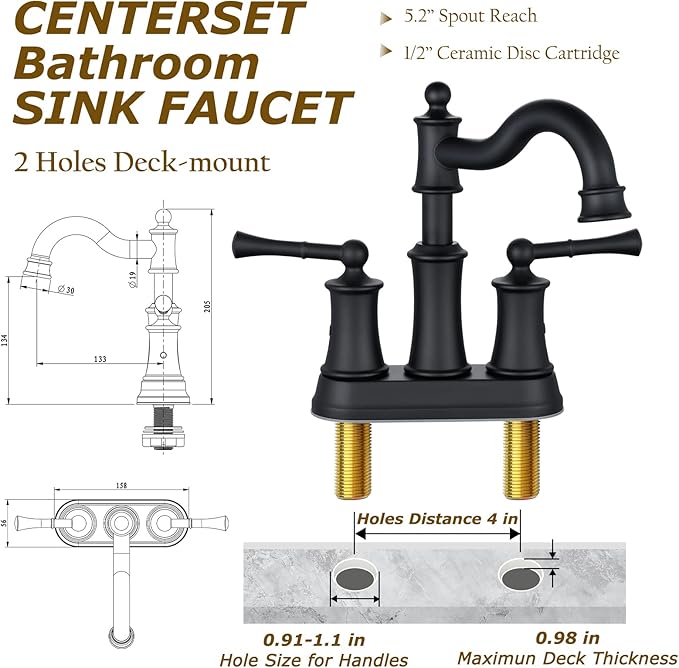 Roman Bathroom Sink Faucet Deck Mount or Wall Mount Installation Pop-up Drain Assembly with Overflow Deck Plate and Water Supply Lines Included (2 Hole Deck Mount, Matte Black)