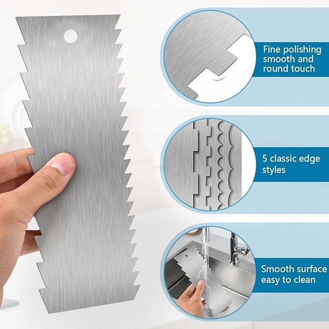 SenseYo 3 Pcs 9 Inch Stainless Steel Cream Cake Scraper Smoother Comb with Double Sides for Decorating Icing Mousse Butter