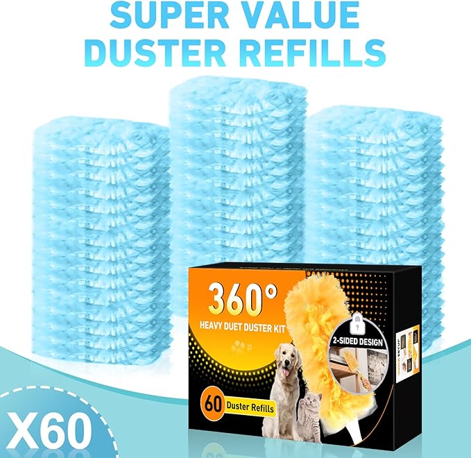 60 Count Heavy Duty Duster Refills for Swiffer, Multisurface 360° Larger Size Dusters with 4X Cleaning Power, Disposable Dusters for Pet, Cleaning Home, Blinds, Fans, Corners (60 pcs-Blue)