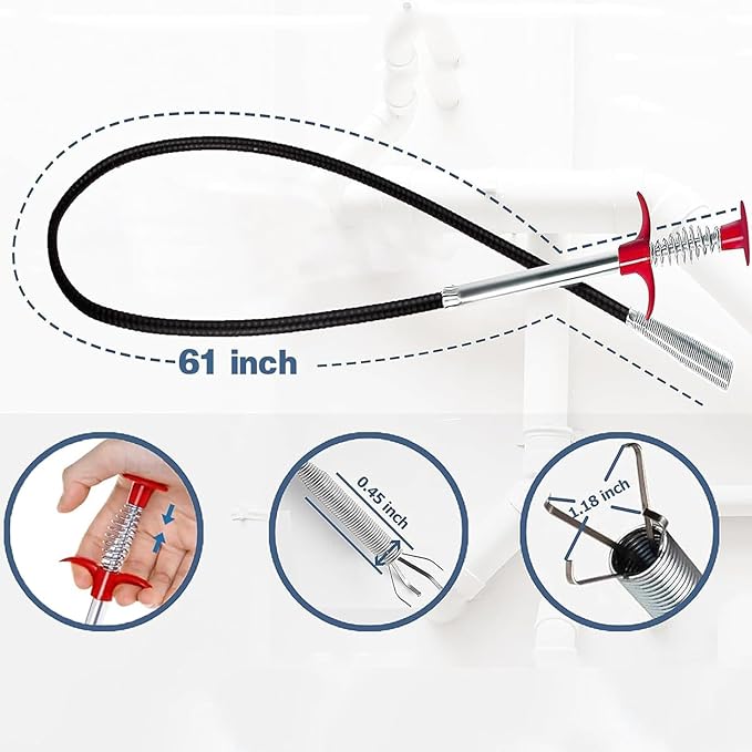 (61 inch) Drain Clog Remover - Gutter Cleaning Drain Snake Tools Cleaner for Toilet Sewer Shower Kitchen Bathroom Tub Tool, Flexible Grabber Claw Pick Up Reacher