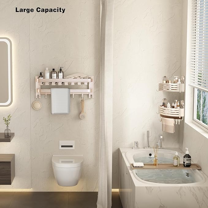 VOLPONE Corner Shower Caddy Suction Cup Shower Shelf Corner No Drilling Bathroom Shower Organizer Storage Rack Adhesive with Towel Bar Hooks(3-Pack, Ivory)