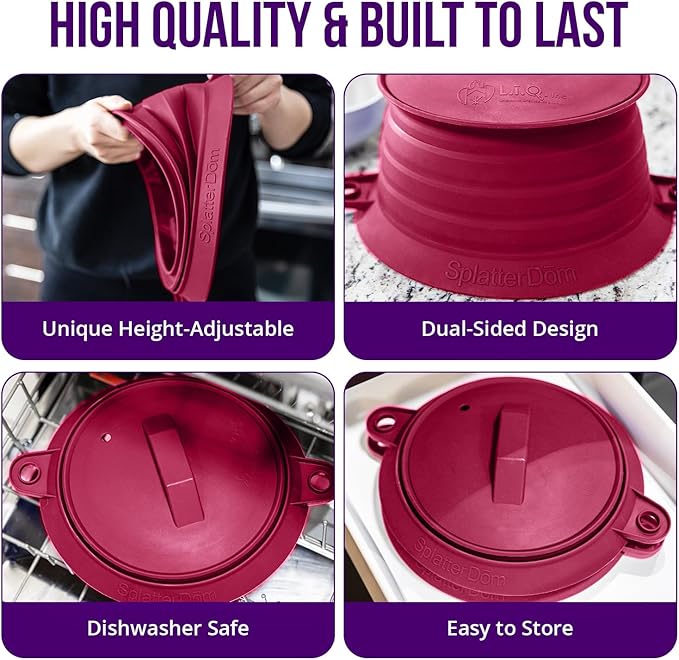 L.I.Q Silicone Splatter Guard – Fits 10 and 12 Inch Pots (25 and 30 Centimeters) – Microwave Safe and Durable SplatterDom - Includes 10” Lid - Food and Oil Splash Guard (Bordeaux, Large)