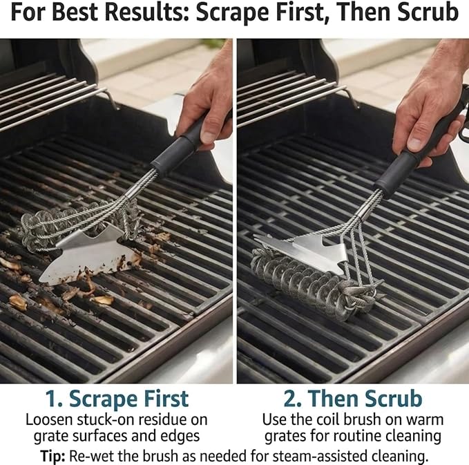 Bristle-Free Grill Brush with Scraper - Reinforced Coil Grill Cleaning Brush, Long Handle Safe BBQ Cleaner for Gas and Charcoal Grates