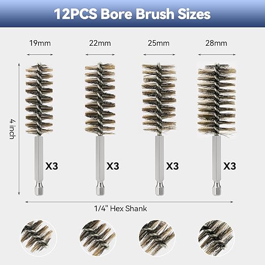 12 Pcs Stainless Steel Bore Brush, Wire Brush for Drill Set with 1/4 Inch Hex Shank, Abrasive Wire Bore Brush for Power Drill, Rust Polish and Tube Cleaning (19,22,25,28mm)