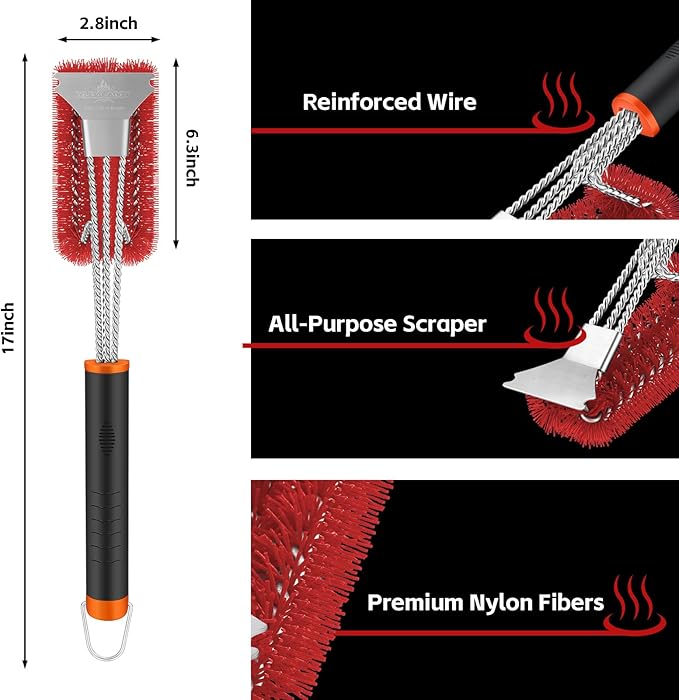 XUDAKAIXIN Grill Brush and Scraper, Safe Nylon Bristles Barbecue Outdoor Grill Brush for Cooled Grates, Extra Strong BBQ Cleaner Accessories(Red)