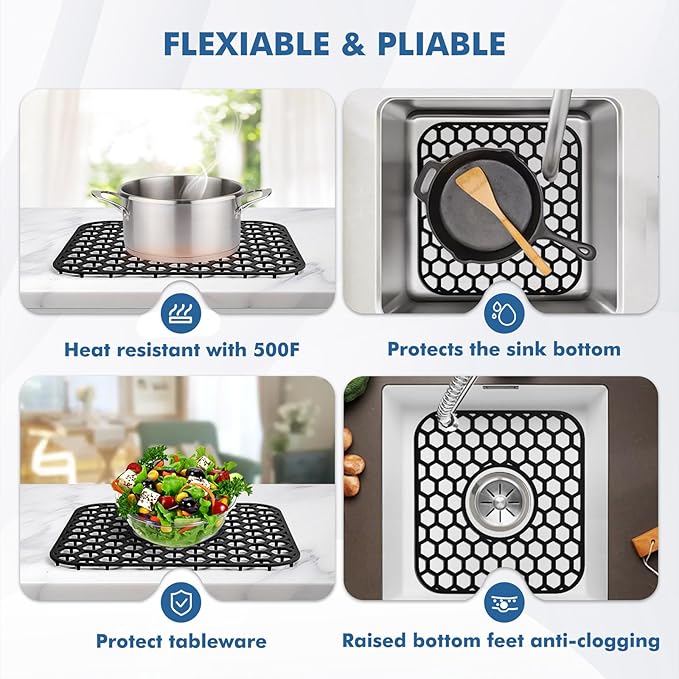 Silicone Sink Protectors for Kitchen Sink - 12" x 11" Kitchen Grid Accessory, Non-Slip Heat-Resistant Mat for Bottom of Porcelain Stainless Steel, Dishwasher Safe (Black)