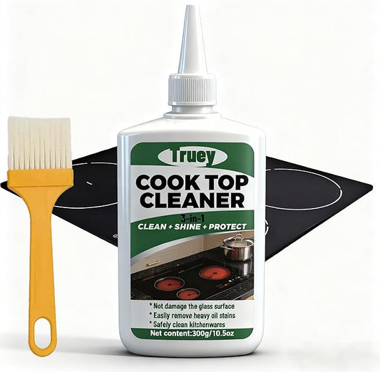 Truey Glass Cooktop 3-in-1 Cleaner Kit, Removes Grease & Burnt-On Food, Safe for Gas, Induction, Electric Cooktops & Air Fryers, Stove Top Polish and Shine, Multi-purpose Cleanser (300g) (1)