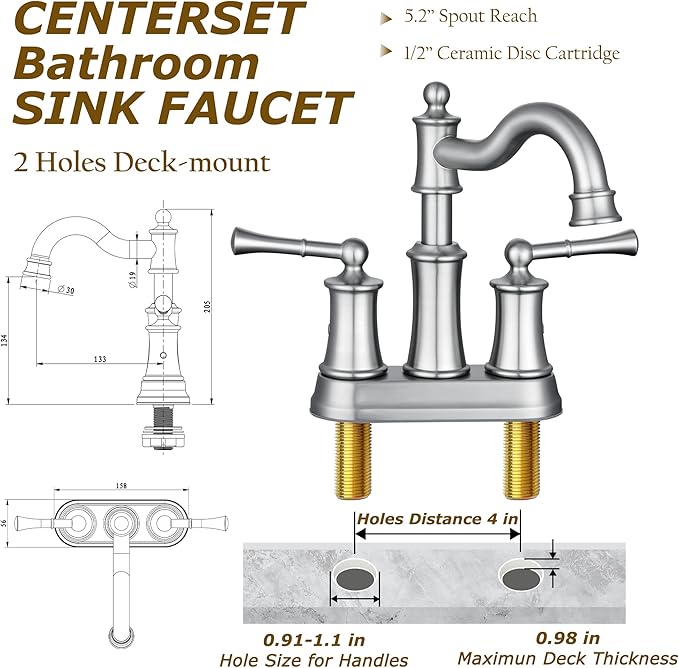 Roman Bathroom Sink Faucet Deck Mount or Wall Mount Installation Pop-up Drain Assembly with Overflow Deck Plate and Water Supply Lines Included (2 Hole Deck Mount, Brushed Nickel)