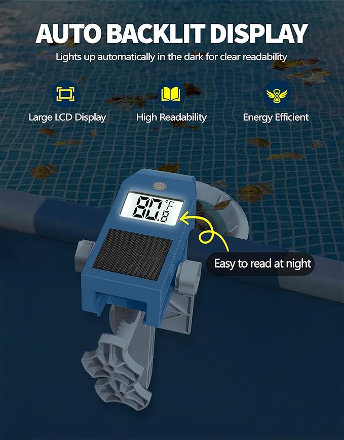 BluSwim Above Ground Pool Skimmer with Solar Digital Thermometer | Wall Mount Surface Skimmer - Auto Skimming Pool Floating Debris | 2 Upgraded Bracket - Stable&Height Adjustable-Steel Blue