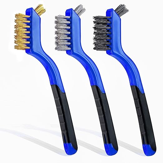 Wire Brush Set 3Pcs - Nylon/Brass/Stainless Steel Bristles with Curved Handle Grip for Rust, Dirt & Paint Scrubbing with Deep Cleaning – 7 Inches (Blue)