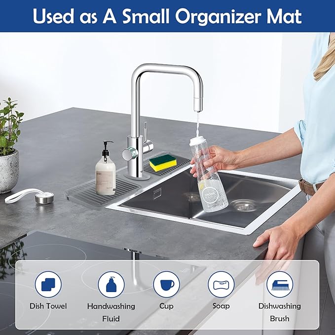 24"Longer Silicone Faucet Mat For Kitchen Sink Splash Guard -7° Slope Snap Lock- Sink Faucet Mat Splash Guard Kitchen Sink Area Silicone Sink Water Splash Guard Behind Faucet (Gray, 24"x5.5")