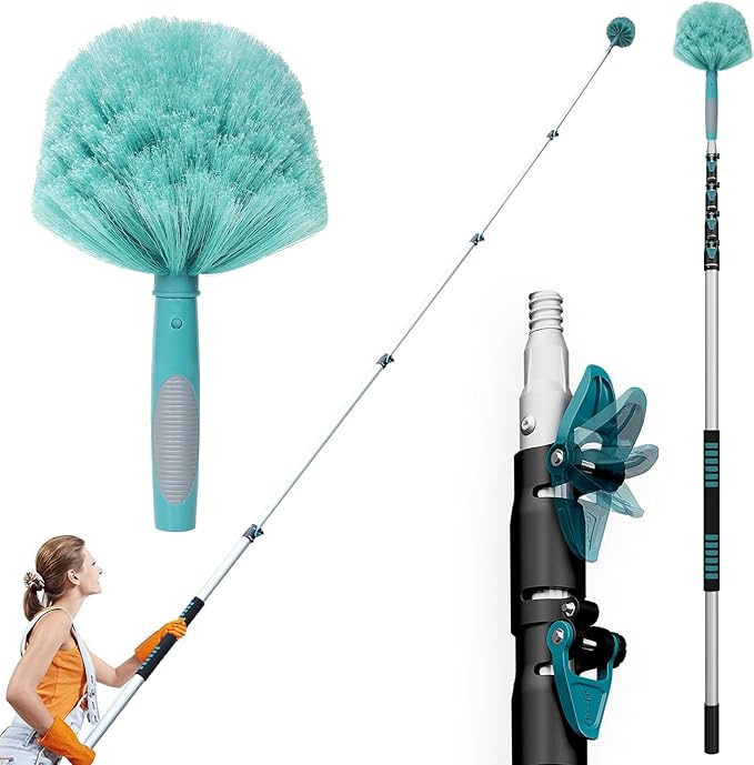30 Feet High Reach Cobweb Duster with 6-24Ft Extension Pole, Webster Cobweb Duster with 5-Stage Telescopic Aluminum Pole, Spider Web Brush for Outdoor & Indoor Cleaning - Soft Bristles.