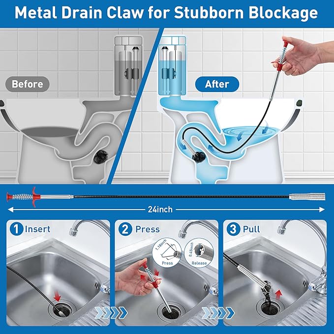 10-Pack Drain Clog Remover Kit, 59" Drain Snake(3pcs), 25" Drain Hair Remover(4pcs), 24" Drain Cleaner Tool(1pc), 18" Snake Drain Hair Removal Tool(2pcs), Sink Snake Drain Tool for Toilet,Shower,Sink