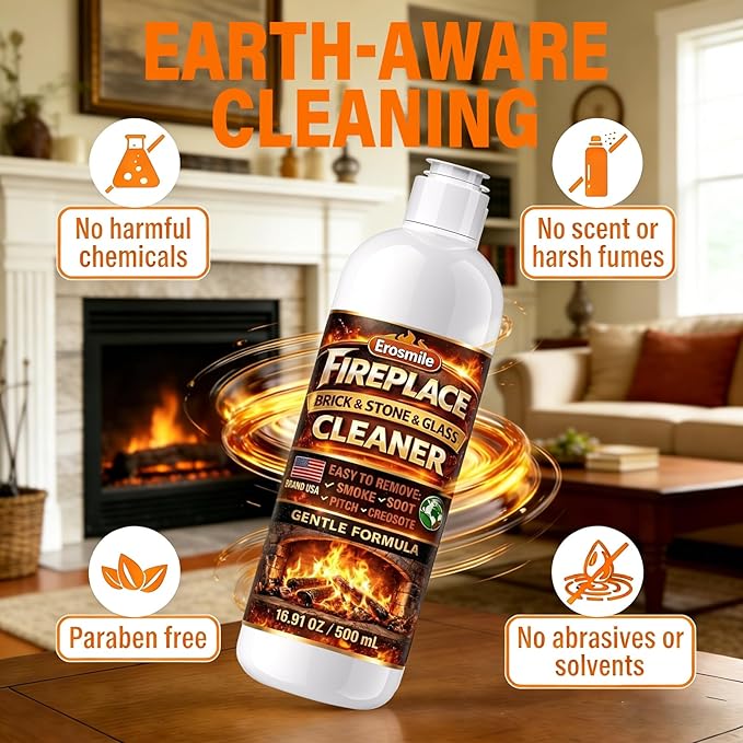 Fireplace Cleaning Set Fireplace Soot Remover with Scrub Brush for Brick, Stone, Rock, Tile, and Marble – Nonabrasive Brick Cleaner, Gentle Formula for Bricks & Glass Indoor and Outdoor -16 oz