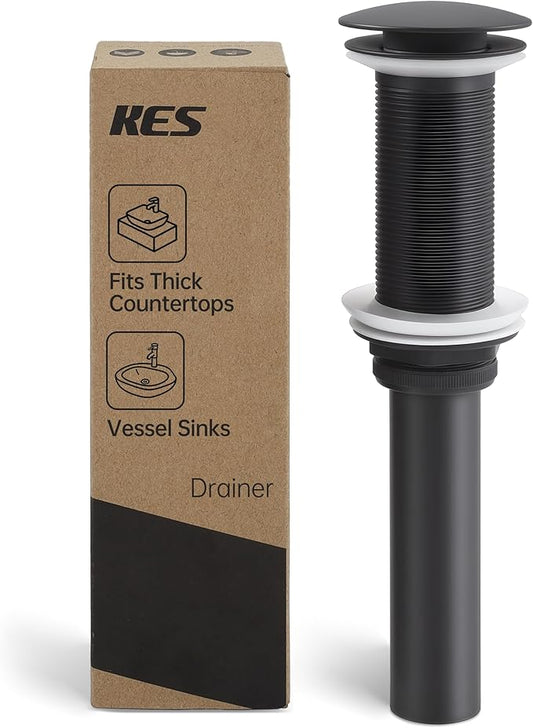 KES Bathroom Sink Drain with Extended Thread, All Metal Pop Up Drain Stopper without Overflow for Thicker Vessel Sinks and Countertops, Brass and Stainless Steel Matte Black, S2022D-BK