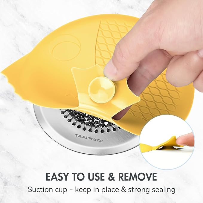 TRAPMATE Bathtub Drain Stopper/Protector/Hair Catcher Shower Drain/Easy Clean Hair Trap Strainer & Silicone Stopper for Tub, Sink (Yellow)