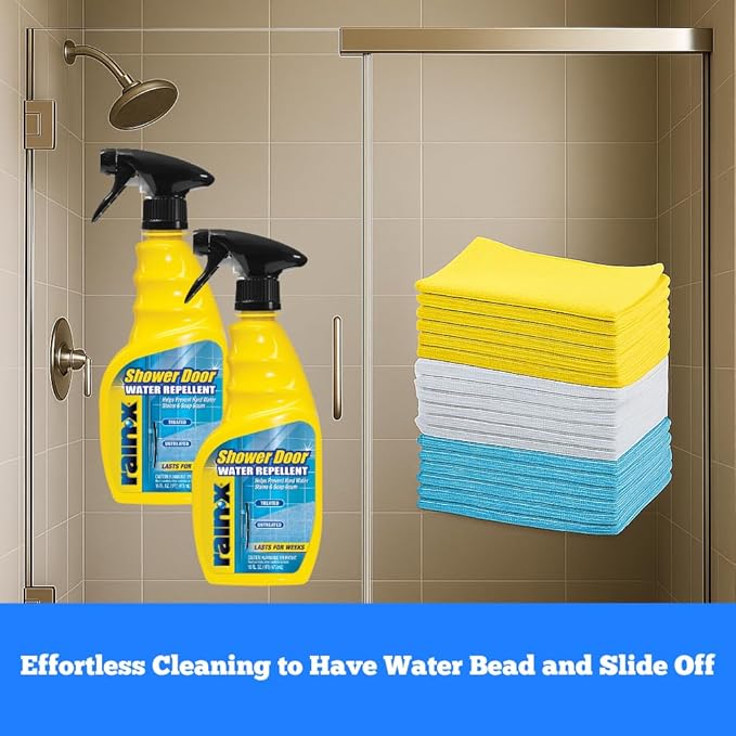 Rain-X 630542 Water Repellent 16 Fl. Oz. (Pack of 2) with Amazon Basics Microfiber Cleaning Cloths, 16" x 12" (24-Pack) - Glass Shower Door Protection Bundle