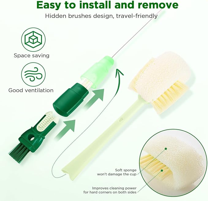 OUTXE 6 Pack Bottle Brush Set, 5-in-1 Water Bottle Cleaner Brush, 14" Long Handle Bottle Cleaning Brush, 3 Straw Brush, Removable Nipple Detail Brush for Cup Lid Gap, with Replecement Sponge