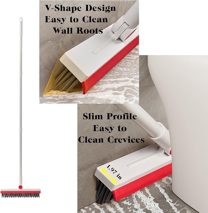 Floor Brush Scrubber with Long Handle Grout Brush Tile Floor Scrub Brush with Squeegee Heavy Duty Deck Brush Stain 180℃ Rotating Crevice Cleaning Brush Stiff Bristle Broom for Bathroom Wall