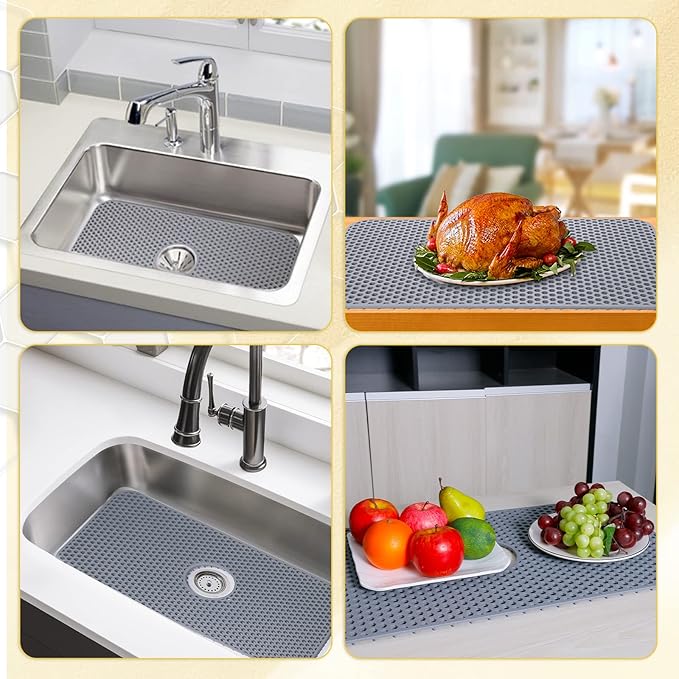 Silicone Sink Protectors for Kitchen Sink with Center Drain, 26'' x 14'' Kitchen Protector Accessory, Non-Slip Grid Mat for Bottom of Farmhouse Porcelain Stainless Steel (Center Hole)