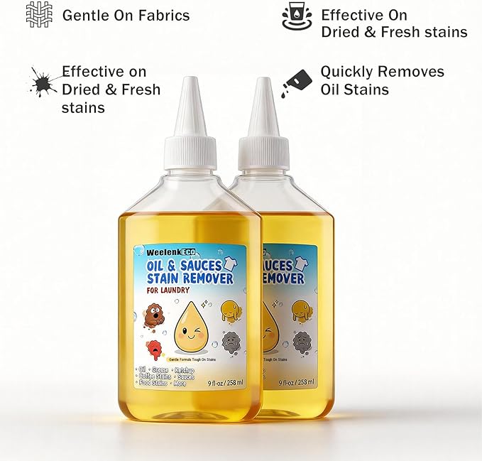 Instant Oil Stain Remover For Fabric (9 fl oz) – Effectively Eliminates Food Grease, Sauces, Motor Oil, Dried Oils, and Oily Stains. Safe for Skin and Machine-Washable Fabrics