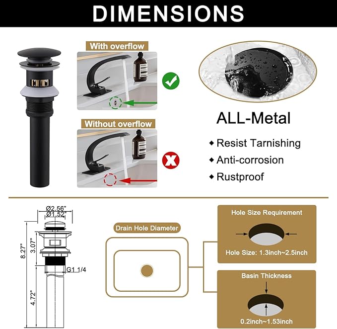 Matte Black Bathroom Faucet,Modern Single Hole High Arc Brass Bathroom Sink Faucet with 1 Hole or 3 Hole Mount 6-Inch 10-Inch Deckplate,Pop Up Overflow Drain Assembly Included