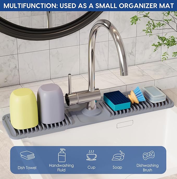 24 Inch Silicone Faucet Mat for Kitchen Sink Splash Guard - 7° Slope Upgraded Water Draining Mat with Fasten Button for Bathroom Area (Dark Grey, 24''x5.5'')