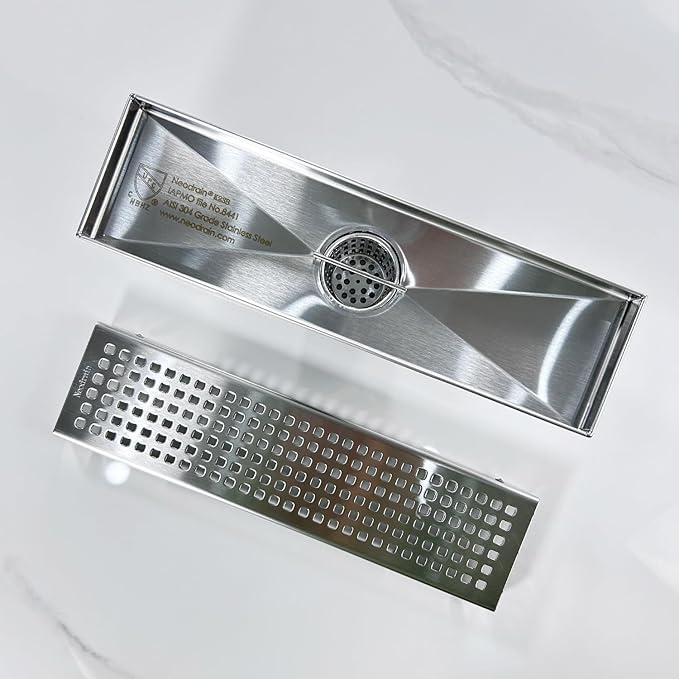 Neodrain 12-Inch Linear Shower Drain with Removable Grate, Professional Brushed 304 Stainless Steel Rectangle Shower Floor Drain Manufacturer, Linear Drain with Hair Strainer