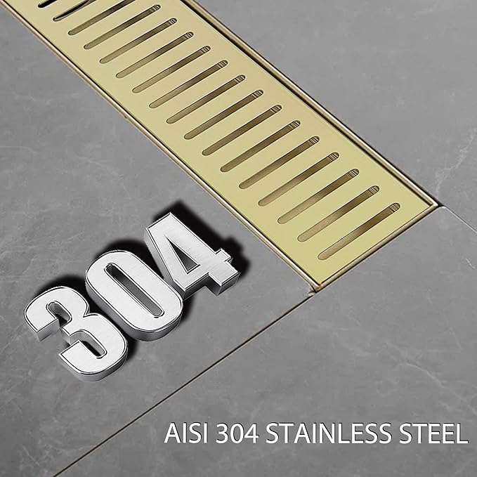 32 Inch Linear Shower Drain Bathroom Kitchen Golden Floor Drain Removable Capsule Pattern Cover Accessories Shower Drain 304 Stainless Steel Drain with Hair Strainer Adjustable Leveling Feet