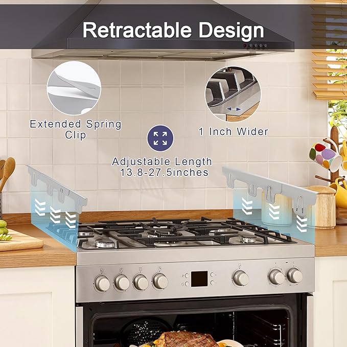 Stove Gap Covers Stainless Steel, Retractable Stove & Counter Gap Filler (13.8''–27.5''), Width 1'', Heat Resistant Metal Guard Between Stove and Countertop, Silver