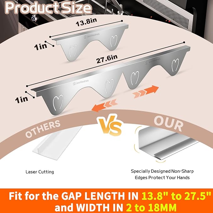 Stainless Steel Stove Gap Covers, Stove Gap Filler, Oven Gap Filler, Range Trim Kit in Kitchen, JessWednes 2 PCS Extendable Guard 13.8" to 27.5", Width 0.79", Heat Resistant and Easy to Clean (SILVER)