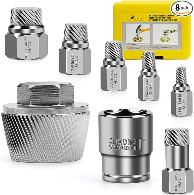 Topec 1.5'' Tub Drain Extractor, 8PCS Pipe Nipple Extractor Set with 1-inch Socket, Remove the Old, Broken, Stubborn, Rusted Drain Tub Bathtub Remover, Strong Grab Plumbing Tools with Storage Case
