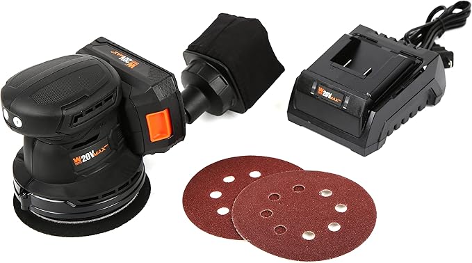 WEN Cordless Orbital Sander, Brushless with 5-Inch Random Orbit Pad, 20V Max 2.0 Ah Lithium-Ion Battery and Charger (20405),Black