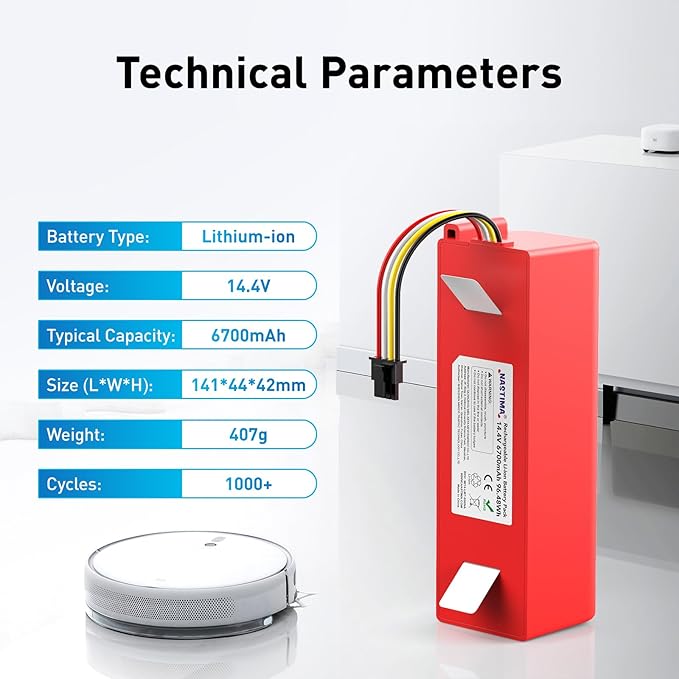 NASTIMA 14.4V 6700mAh 96.48Wh Rechargeable Battery Compatible with Xiaomi Roborock S50 S51 S52 S53 S55 S502 S5 Max S6; T6 61 65 Full Series, Mijia 1st and 2nd Generation Replacement Battery with BMS