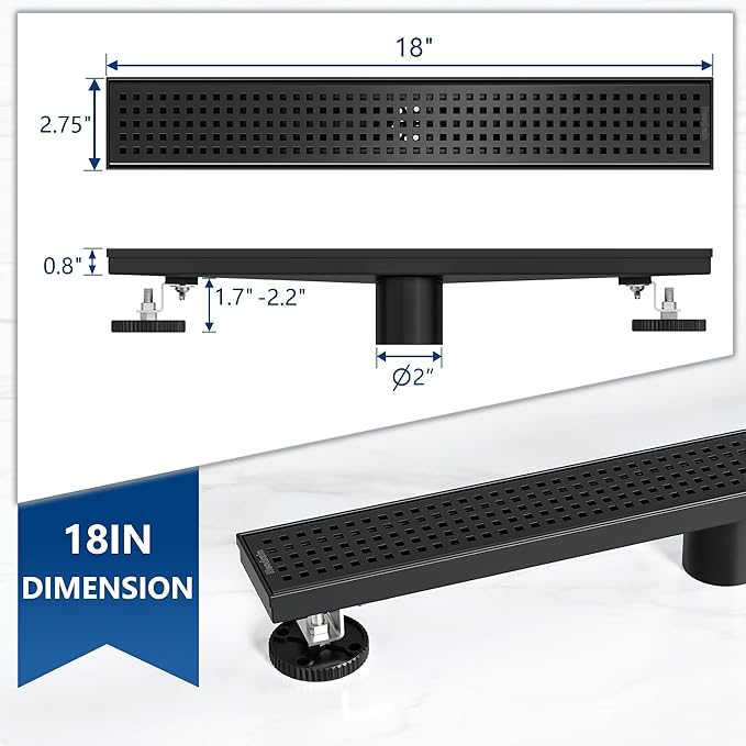Neodrain 18-Inch Black Linear Shower Drain with Removable Quadrato Pattern Grate,Professional 304 Stainless Steel Rectangle Shower Floor Drain Manufacturer,Leveling Feet,Hair Strainer,Matte Black
