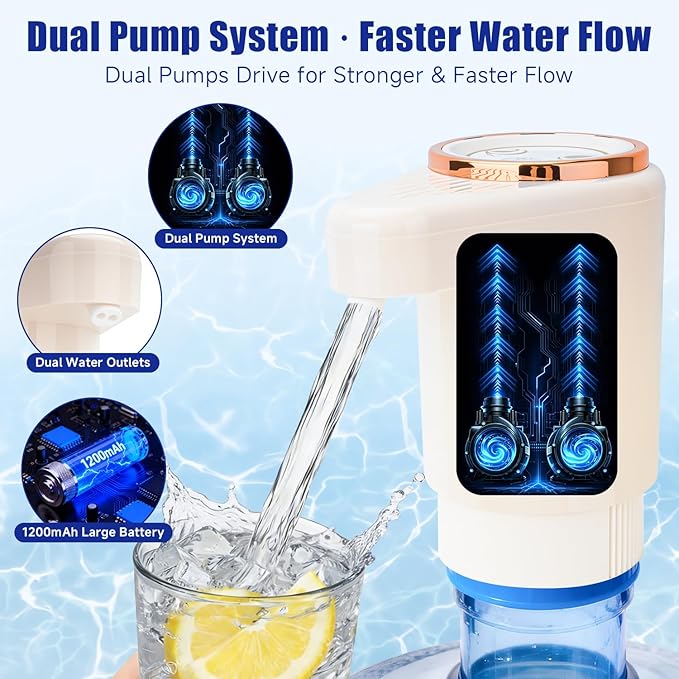 Dual Pump Water Dispenser for 5 Gallon Bottle, Electric Water Bottle Pump with Water Jug Cap, Powerful Flow, USB Rechargeable Automatic for Home, Office, Camping-Beige